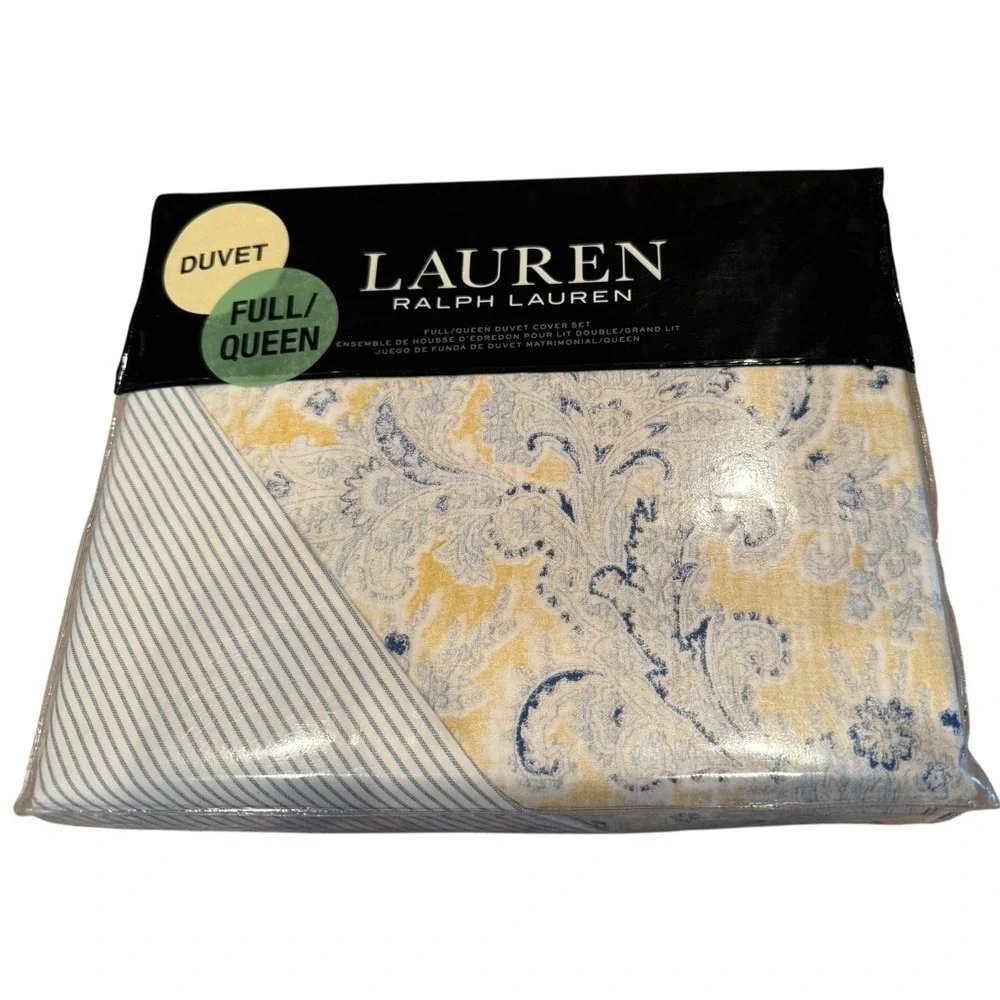RALPH LAUREN Marisa Blue/Yellow Paisley Full/Queen Duvet SET Cotton 3 pc NWT